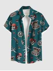 Plus Size Skull Pirate Ship Rudder Gun Knif Cruise Print Buttons Pocket Hawaii Shirt For Men -  