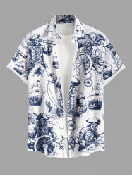 Plus Size Skull Pirate Ship Rudder Anchor Cruise Print Buttons Pocket Hawaii Shirt For Men -  