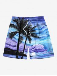 Short de plage grande taille à cordon de serrage, imprimé abstrait de cocotiers, style hawaïen, pour homme - Bleu 5XL