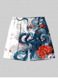 Plus Size Ombre Octopus Flower Print Hawaii Drawstring Beach Shorts For Men -  
