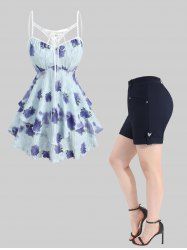 Rose Flower Tie Dye Print Lace Up Cut Out Ruffles Top and Roll Tab Hem Heart Buckle Decor Solid Shorts Plus Size Outfit -  