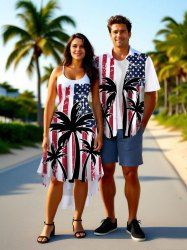 Tenue de plage hawaïenne assortie grande taille, motif drapeau américain patriotique et imprimé cocotier, pour couples - Rouge 