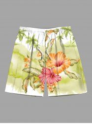 Plus Size Coconut Tree Tropical Leaf Hibiscus Flowers Print Hawaii Beach Shorts For Men -  
