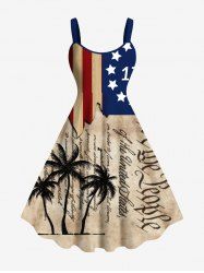 Plus Size Patriotic American Flag Coconut Tree Distressed Newspaper Print Hawaii A Line Tank Dress -  