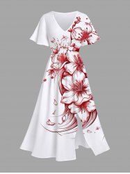 Plus Size Flower Sea Waves Print Hawaii Split Pocket A Line Midi Dress -  