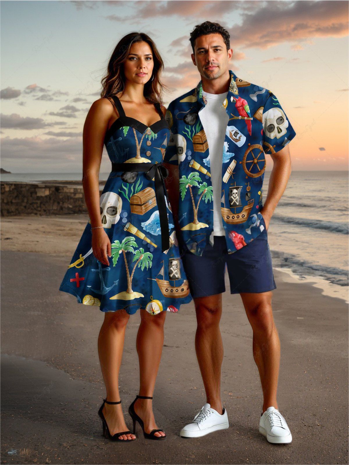 Chic Coconut Tree Skull Pirate Parrot Sailboat Print Plus Size Matching Hawaii Cruise Beach Outfit For Couples  