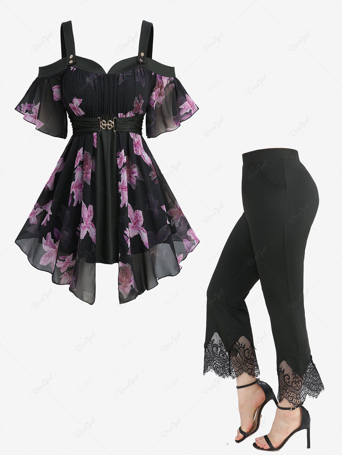 Best Flowers Print Chiffon Asymmetrical Cold Shoulder Blouse and Scalloped Tassel Flare Pants Plus Size Outfit  