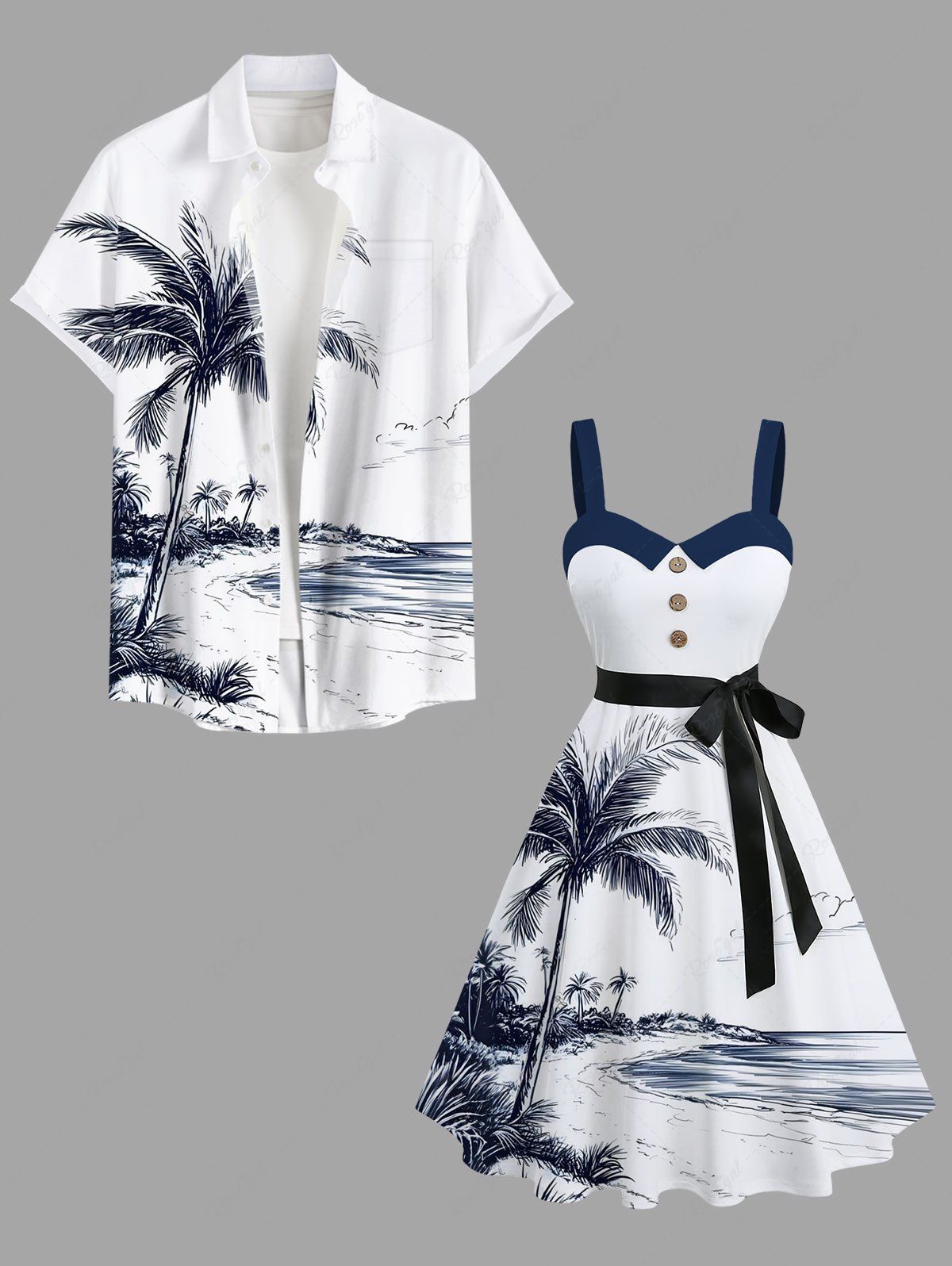 Sale Coconut Tree Sea Beach Print Plus Size Matching Hawaii Beach Outfit For Couples  