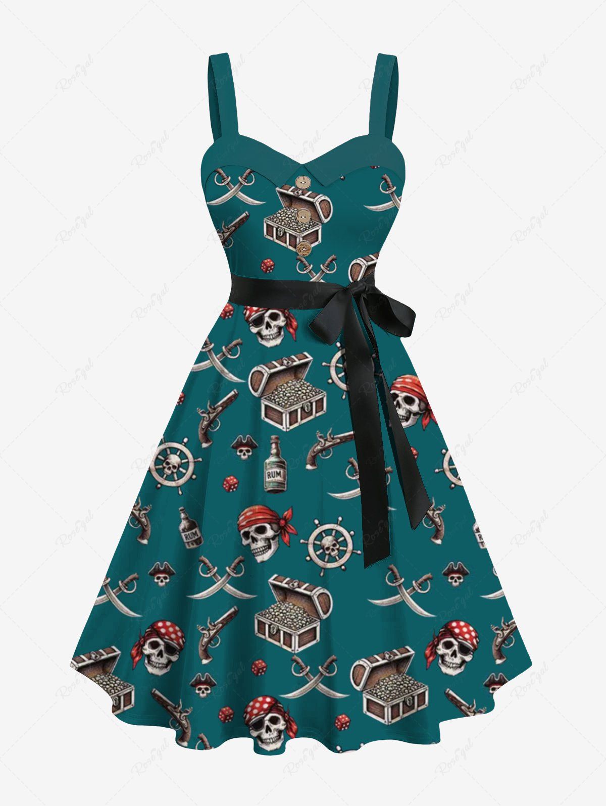 Latest Plus Size Skull Pirate Ship Rudder Gun Knif Cruise Print Buttons Turn Down Collar Hawaii Dress With Belt  