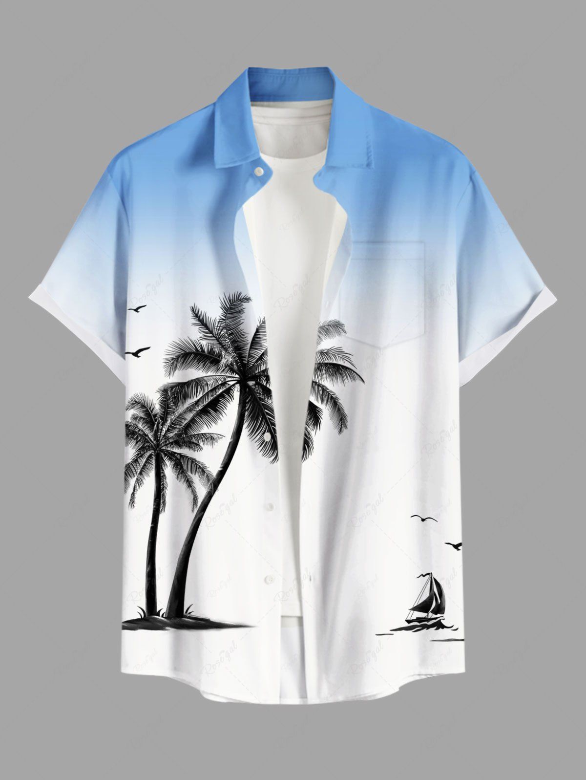 Sale Plus Size Coconut Tree Ship Bird Ombre Print Buttons Pocket Hawaii Shirt For Men  