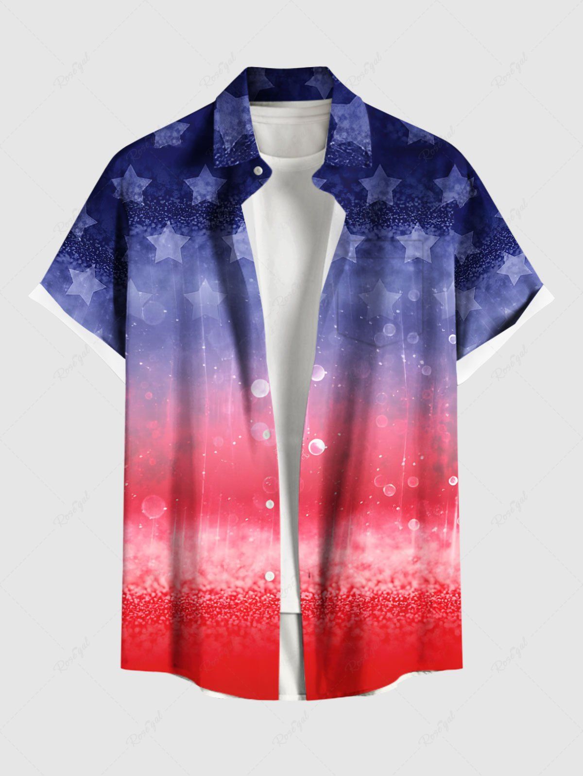 Online Plus Size Patriotic American Flag Star Colorblock Print Buttons Pocket Shirt For Men  