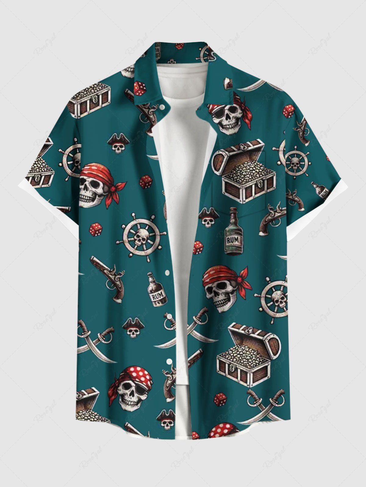 Online Plus Size Skull Pirate Ship Rudder Gun Knif Cruise Print Buttons Pocket Hawaii Shirt For Men  