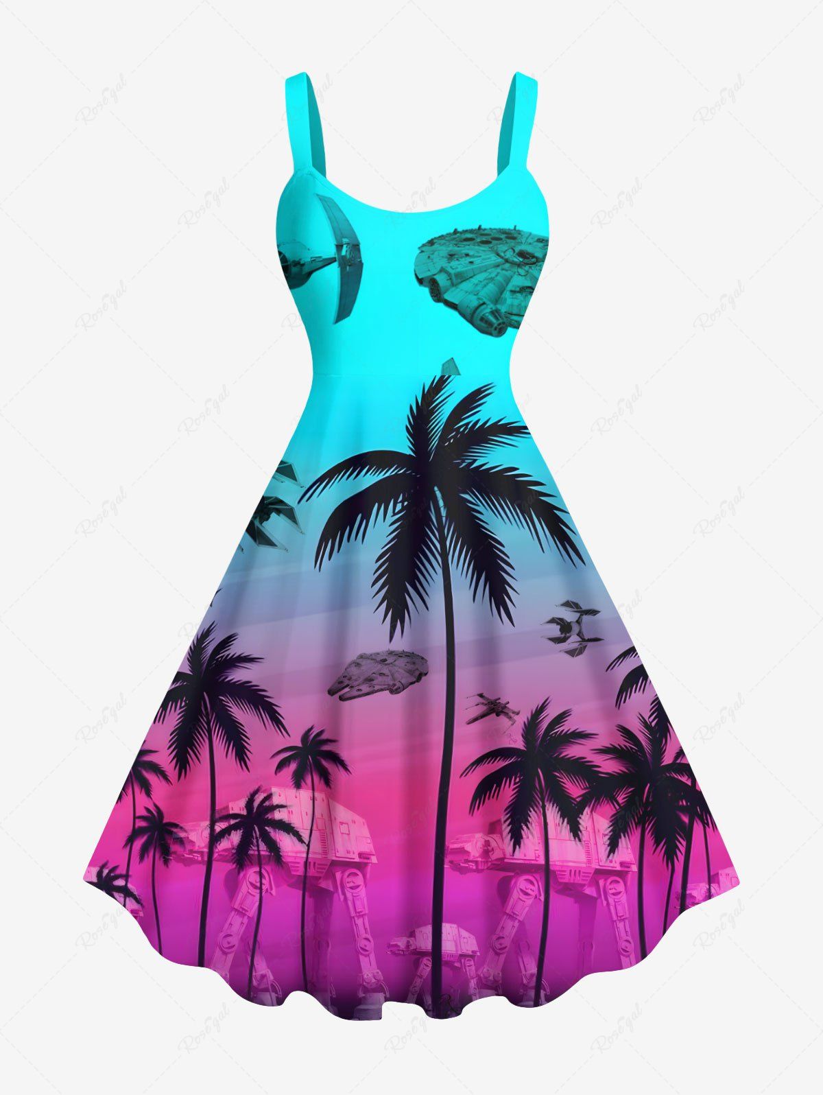 Shops Plus Size Coconut Tree Fighter Arms Ombre Print Hawaii Tank Dress  