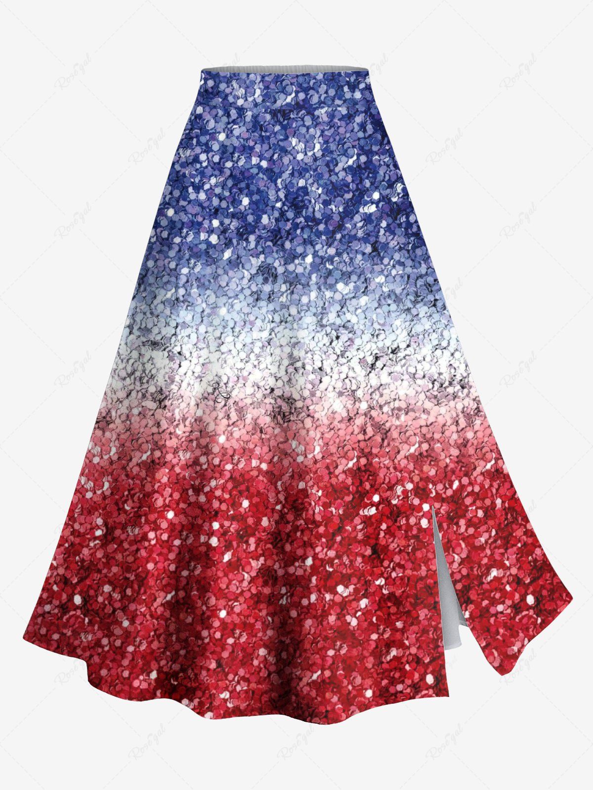 Buy Plus Size Patriotic American Flag Colorblock Sparkling Sequin 3D Print Split Skirt  
