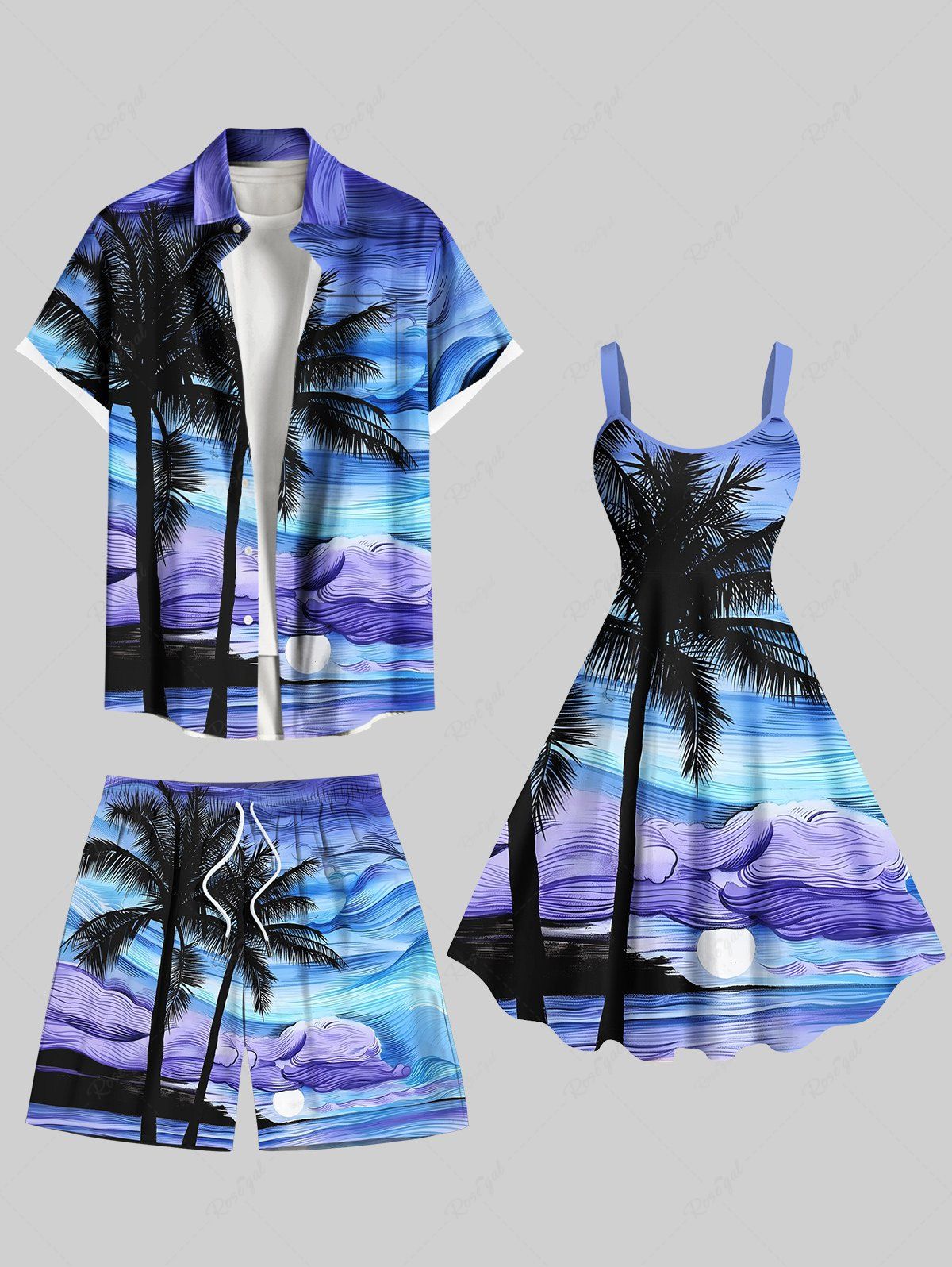 Discount Coconut Tree Sun Abstract Painting Print Plus Size Matching Hawaii Beach Outfit For Couples  