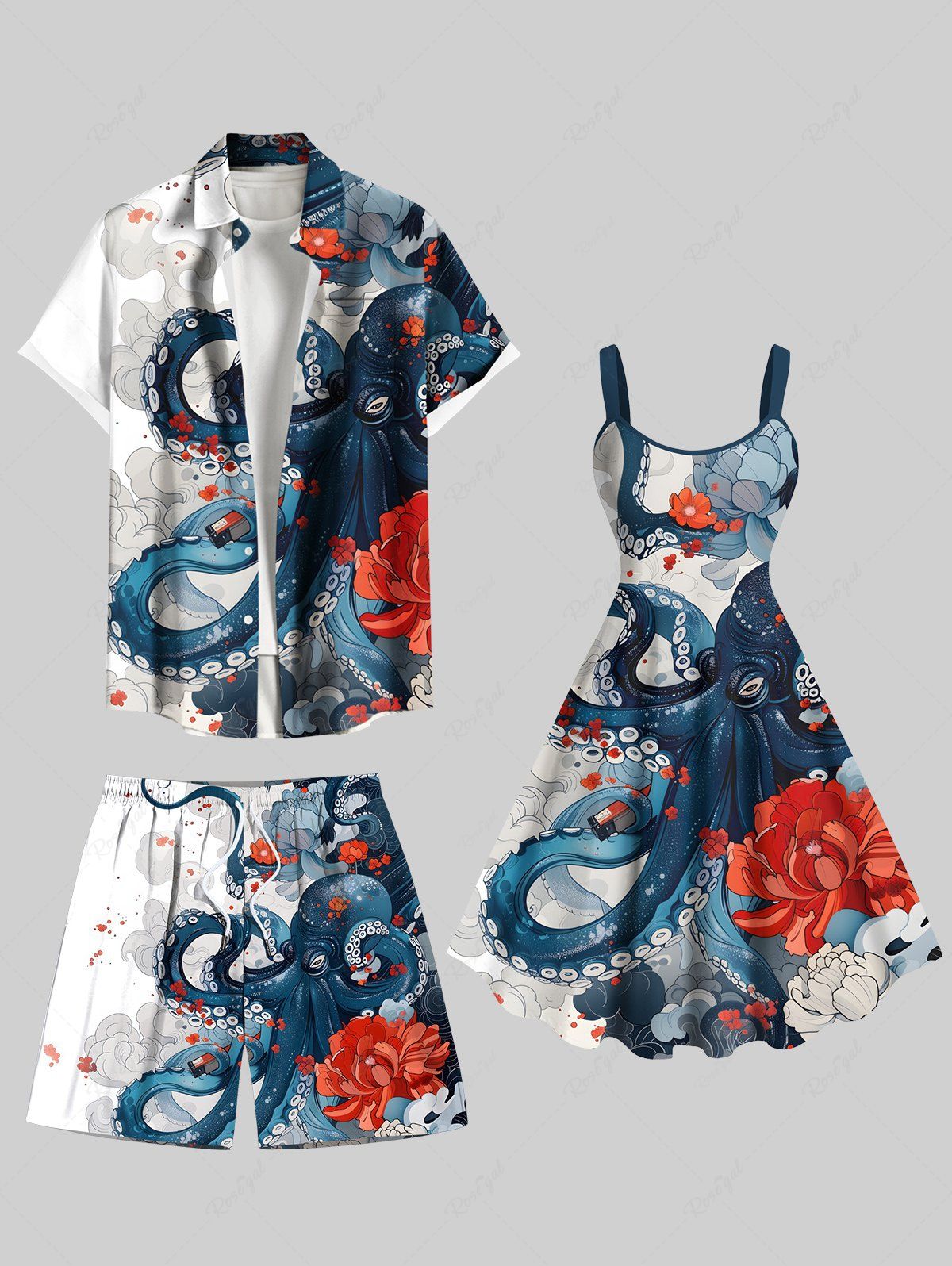 Fancy Octopus Flower Cloud Print Plus Size Matching Hawaii Beach Outfit For Couples  