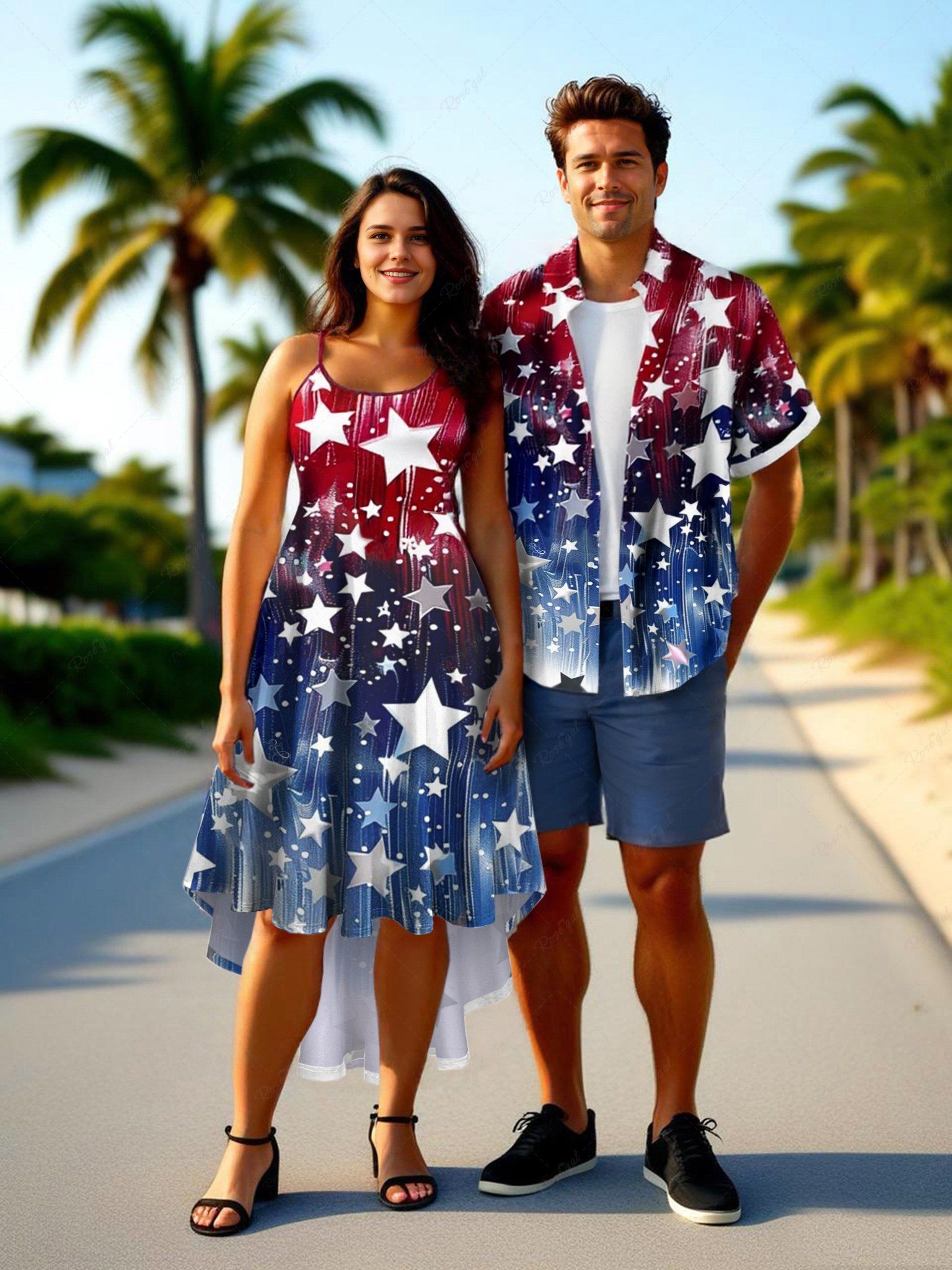 Store Patriotic American Flag Ombre Colorblock Print Plus Size Matching Outfit For Couples  