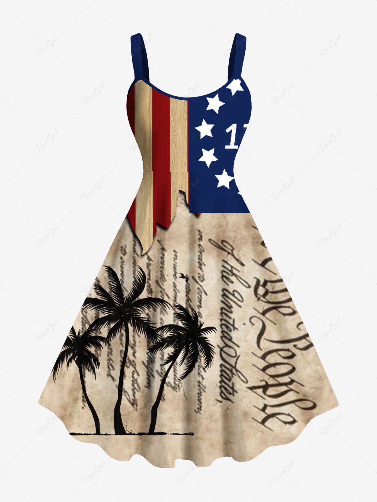 Affordable Plus Size Patriotic American Flag Coconut Tree Distressed Newspaper Print Hawaii A Line Tank Dress  
