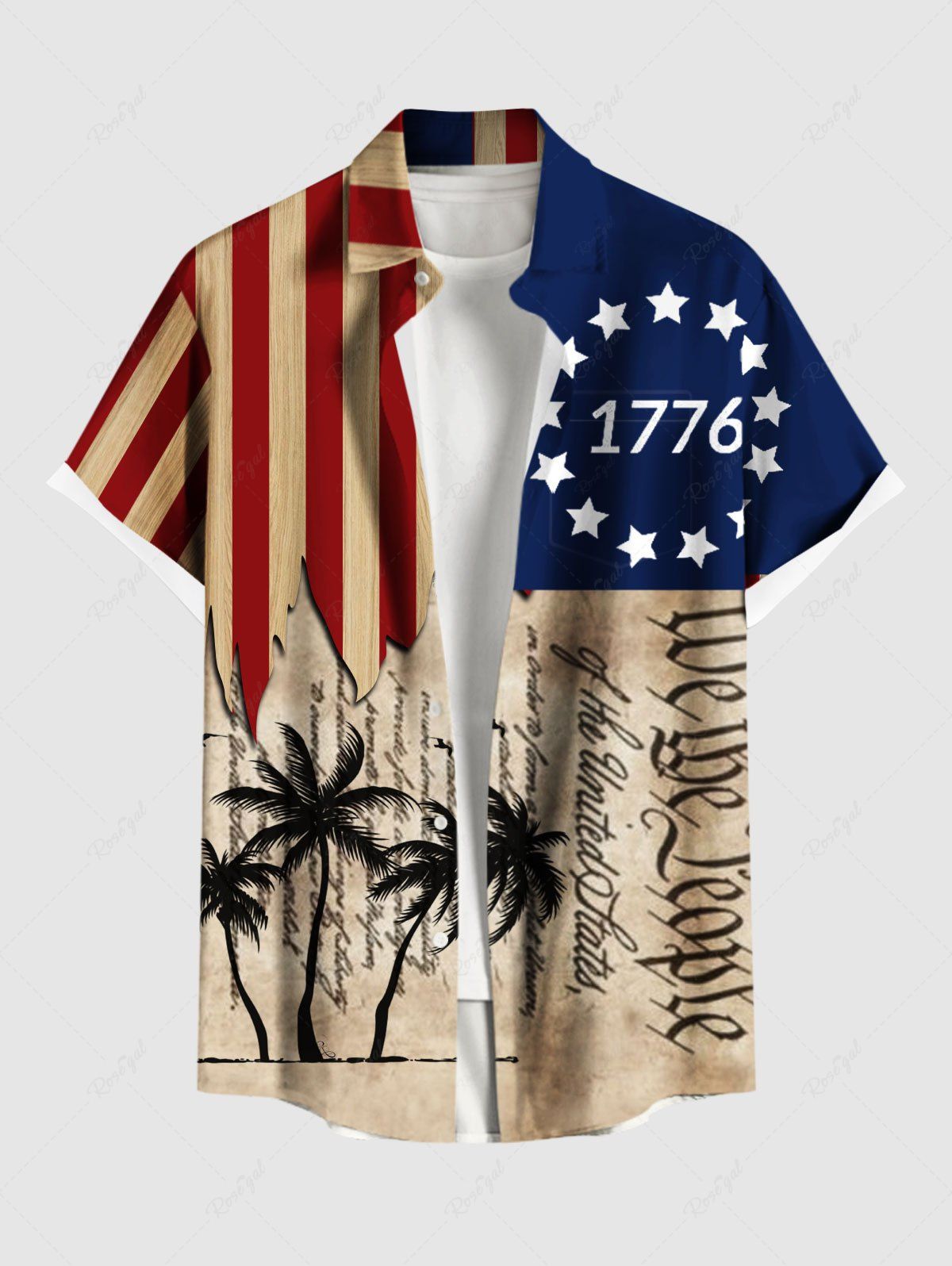 Buy Plus Size Patriotic American Flag Coconut Tree Distressed Newspaper Print Hawaii Button Pocket Shirt For Men  