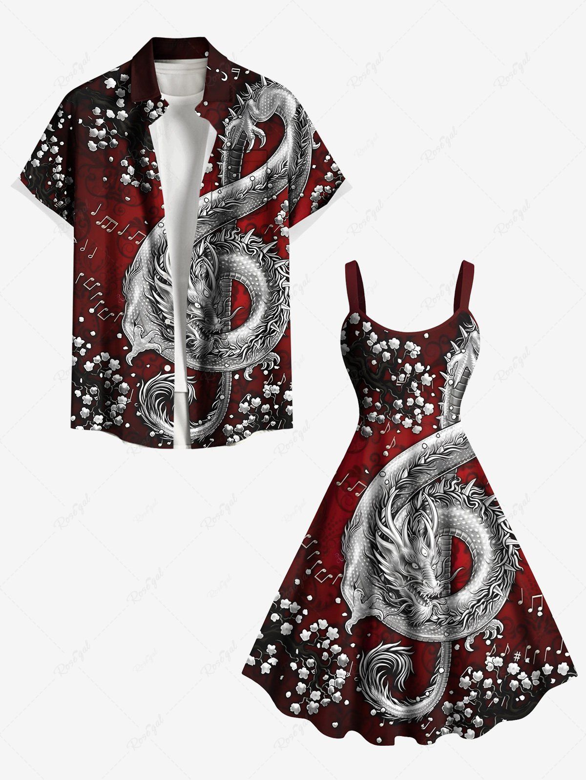 Fancy Flower Bouquet Music Symbol Dragon Print Plus Size Matching Outfit For Couples  