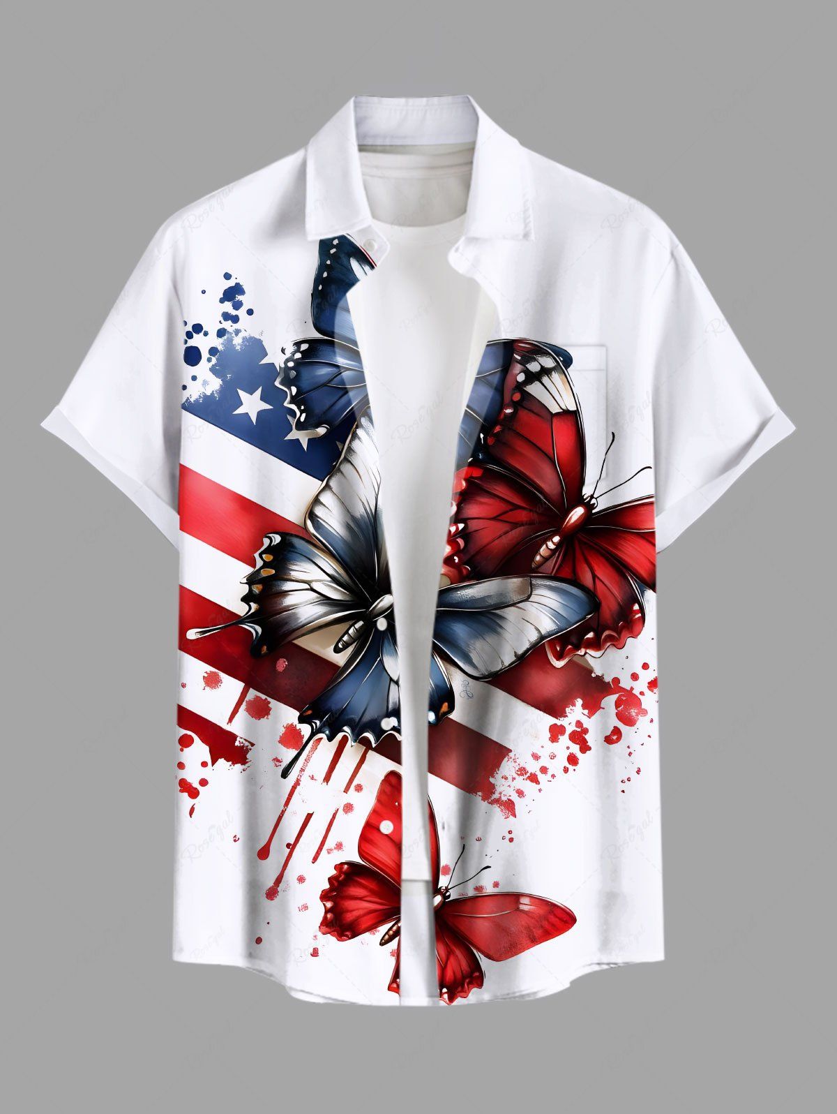 Chemise grande taille à imprimé papillon et éclaboussures de peinture, motif drapeau américain patriotique, style hawaïen, avec poches boutonnées, pour homme Blanc 3XL