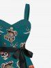 Plus Size Skull Pirate Ship Rudder Gun Knif Cruise Print Buttons Turn Down Collar Hawaii Dress With Belt -  
