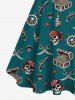 Robe hawaïenne grande taille à col rabattu et ceinture, motif tête de mort, bateau pirate, gouvernail, pistolet, couteau, imprimé croisière - Vert profond 6X
