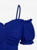 Haut caraco froncé à volants et épaules dénudées grande taille - Bleu XS