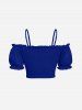 Haut caraco froncé à volants et épaules dénudées grande taille - Bleu XS