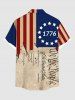 Plus Size Patriotic American Flag Coconut Tree Distressed Newspaper Print Hawaii Button Pocket Shirt For Men -  