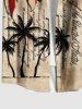 Plus Size Patriotic American Flag Coconut Tree Distressed Newspaper Print Hawaii Button Pocket Shirt For Men -  