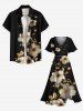 Robe midi trapèze grande taille à imprimé floral doré et feuilles hawaïennes, poches fendues - Noir XS