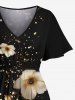 Robe midi trapèze grande taille à imprimé floral doré et feuilles hawaïennes, poches fendues - Noir XS
