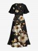 Robe midi trapèze grande taille à imprimé floral doré et feuilles hawaïennes, poches fendues - Noir XS