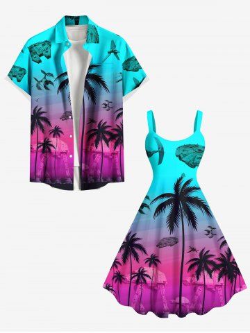 Coconut Tree Fighter Arms Ombre Print Plus Size Matching Hawaii Beach Outfit For Couples - BLUE