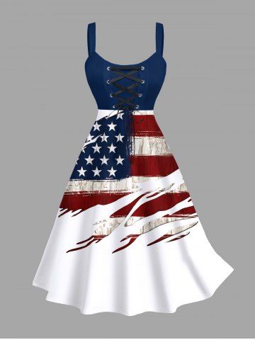 Plus Size Patriotic American Flag Print Lace Up Panel Tank Dress - WHITE - M