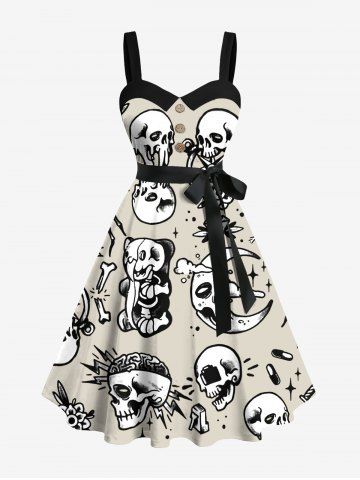 Plus Size Skulls Rose Flower Moon Diamond Print Buttons Turn Down Collar Hawaii Dress With Belt - BEIGE - 1X