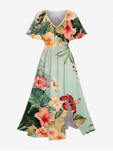 Plus Size Tropical Leaf Hibiscus Flowers Print Split Hawaii Midi Dress - GREEN - 1X