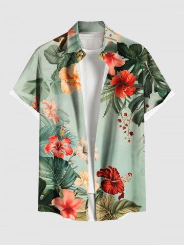 Plus Size Tropical Leaf Hibiscus Flowers Print Buttons Pocket Hawaii Shirt For Men - GREEN - 6XL