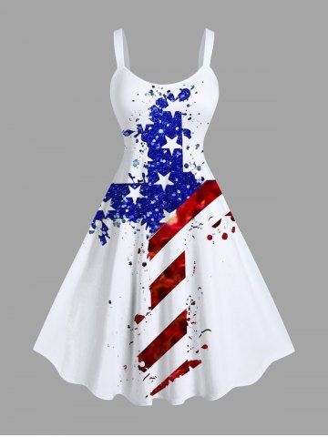 Plus Size Patriotic American Flag Cross Sparkling Sequin 3D Print Tank Dress - WHITE - 6X