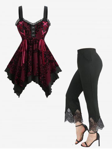 Floral Plaid Flocking Lace-up Tank Top and Scalloped Tassel Pocket Flare Pants Plus Size Outfit