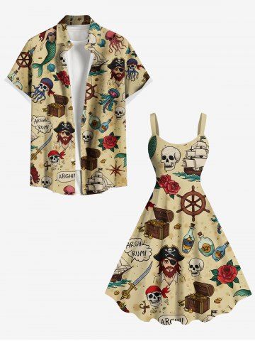 Skull Pirate Rose Flower Ship Rudder Mermaid Cruise Print Plus Size Matching Hawaii Beach Outfit For Couples - LIGHT COFFEE