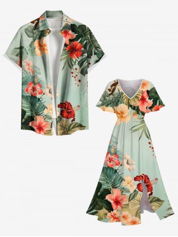 Tropical Leaf Hibiscus Flowers Print Plus Size Matching Hawaii Beach Outfit For Couples
