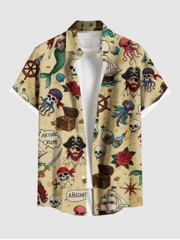 Plus Size Skull Pirate Rose Flower Ship Rudder Mermaid Cruise Print Buttons Pocket Hawaii Shirt For Men - BEIGE - 6XL