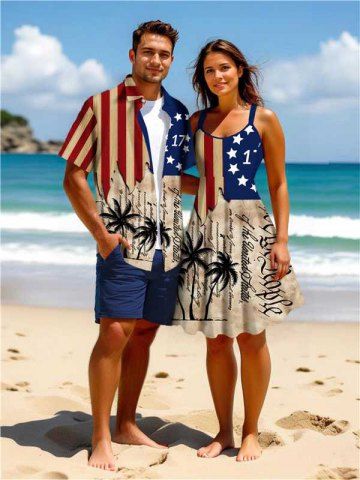 Patriotic American Flag Coconut Tree Distressed Newspaper Print Plus Size Matching Hawaii Beach Outfit For Couples - LIGHT COFFEE
