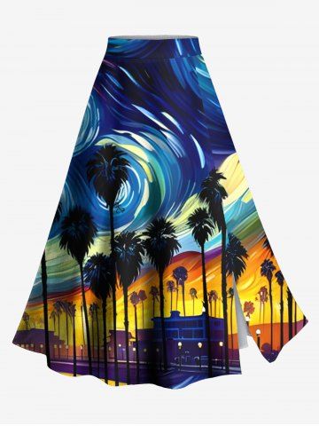 Plus Size Spiral Painting Coconut Tree Night View Print Hawaii Split A Line Skirt