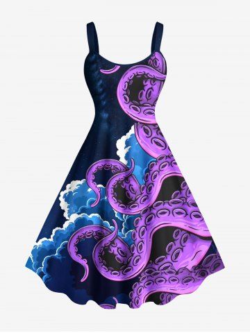 Plus Size Octopus Cloud Print Hawaii A Line Tank Dress - PURPLE - 4X