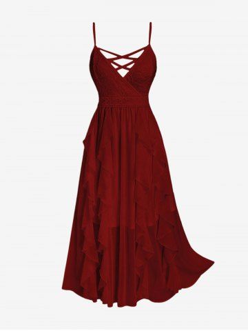 Plus Size Lace and Chiffon Ruffled Crisscross Maxi Sleeveless Wedding Dress - DEEP RED - 1X | US 14-16