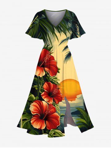 Plus Size Coconut Tree Sun Tropical Leaves Hibiscus Floral Print Hawaii Split Pocket A Line Midi Dress - YELLOW - 4X