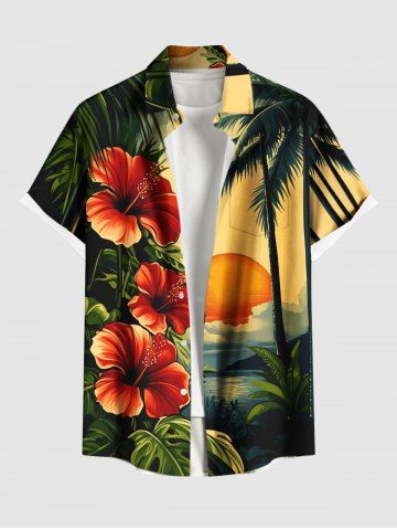 Plus Size Coconut Tree Sun Tropical Leaves Hibiscus Floral Print Hawaii Button Pocket Shirt For Men - YELLOW - 6XL